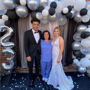 White iridescent prom dress